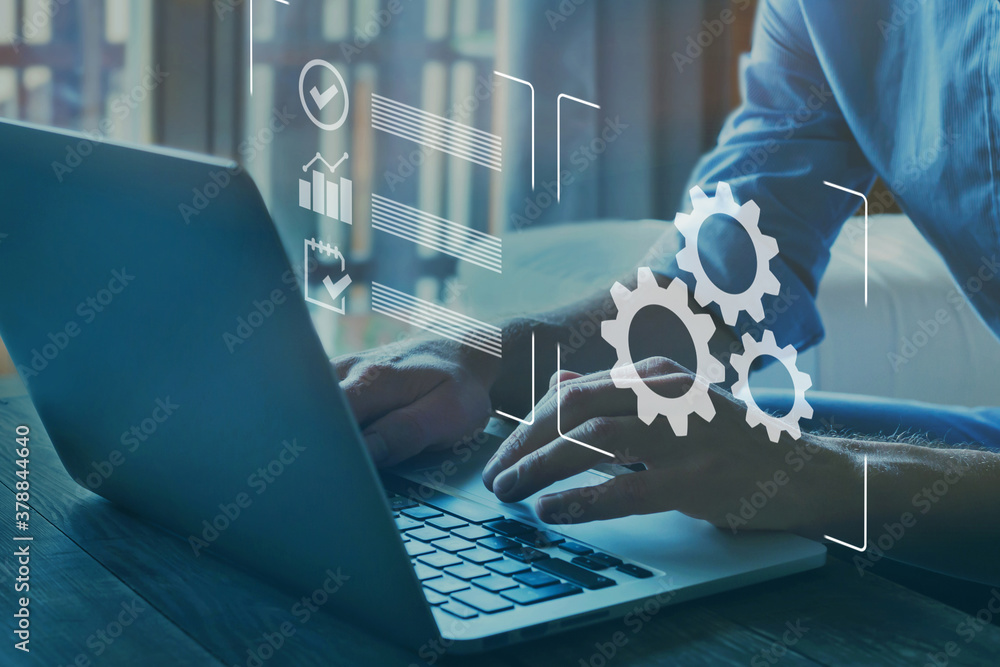 automation, industrial business process workflow optimisation concept on virtual digital screen
